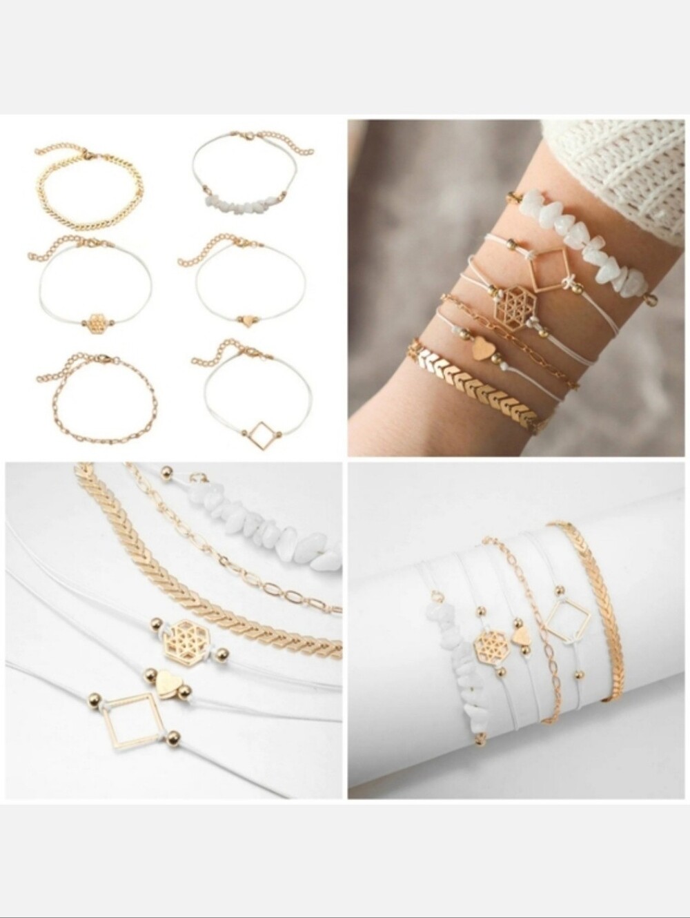 6pc Set White Gold Charm Bracelet Bundle Herringbone Chevron Chain Crystal Heart